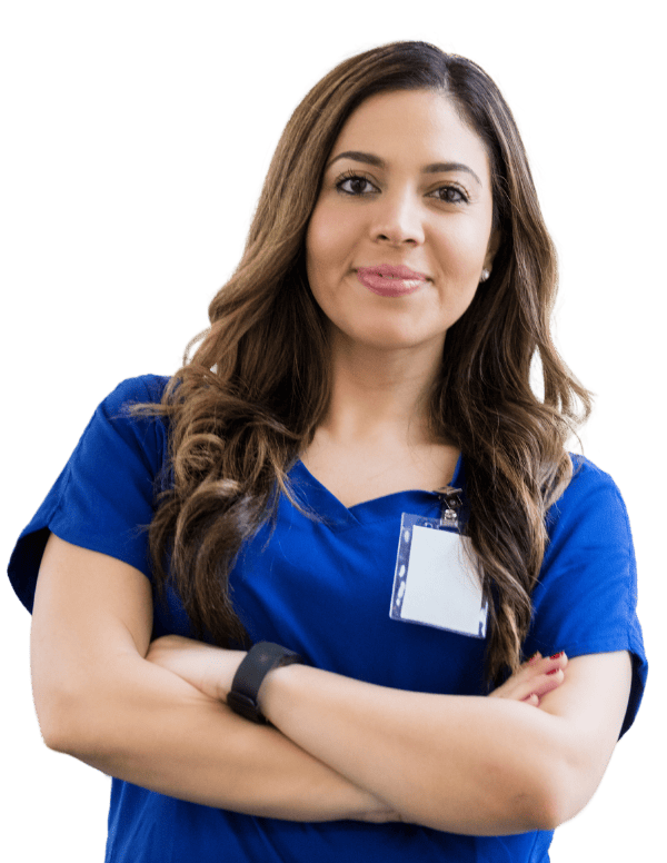 Female nurse in blue scrubs